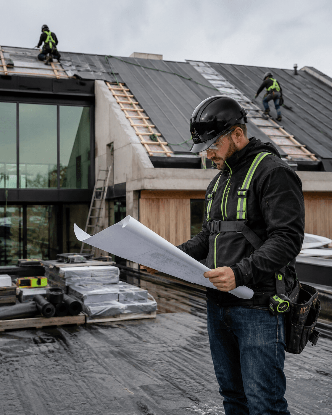 Roofing project supervisor reviewing plans on site.