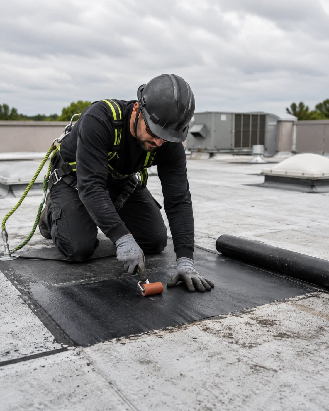 Roofer rolling down a repair patch on a low-slope commercial roof near rooftop HVAC equipment.