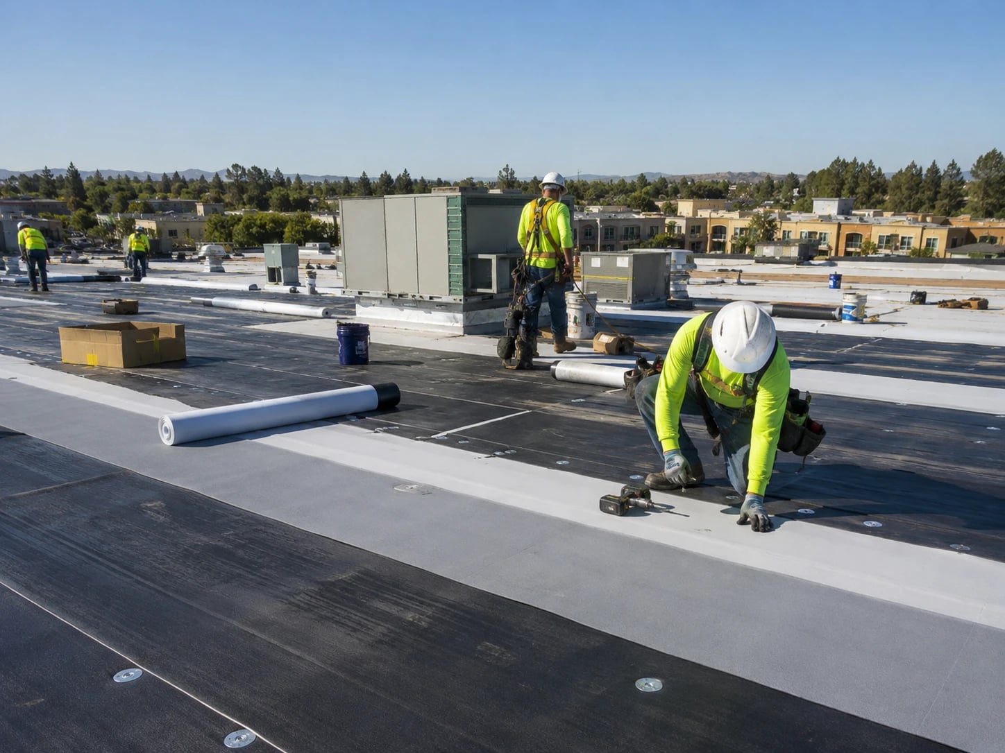 Commercial roofing crew installing a membrane roofing system around rooftop equipment.
