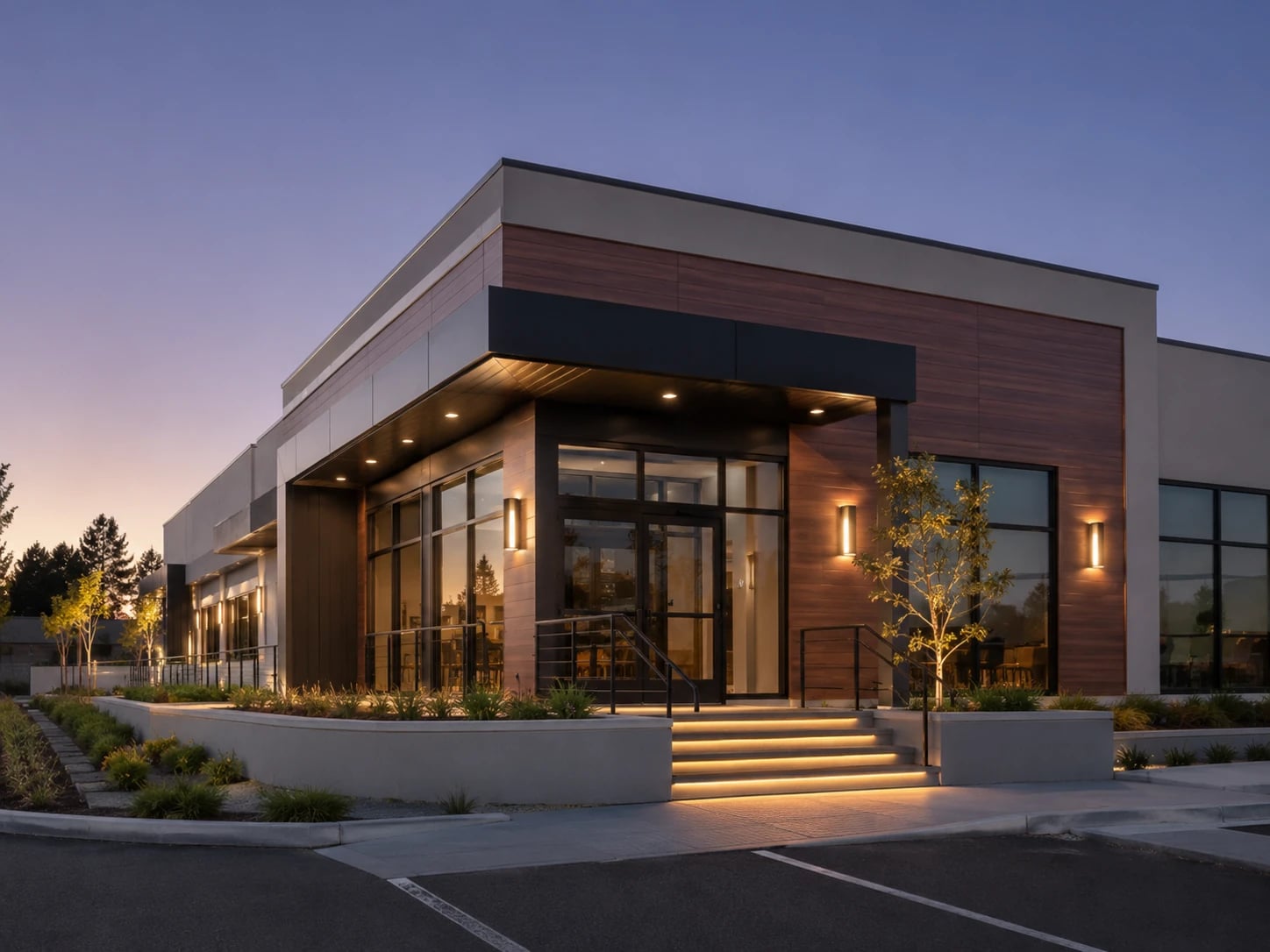 Modern commercial building exterior with upgraded facade, entrance lighting and landscaping.