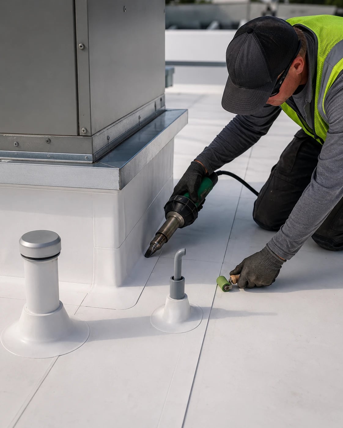 Roofer heat-welding membrane flashing around a rooftop equipment curb and pipe penetrations.