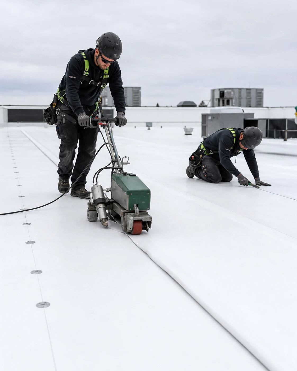Crew welding seams on a white TPO membrane roof with a hot-air welding machine.