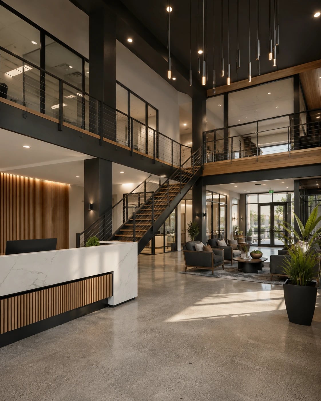Double-height commercial lobby with a floating staircase, reception desk and seating lounge.