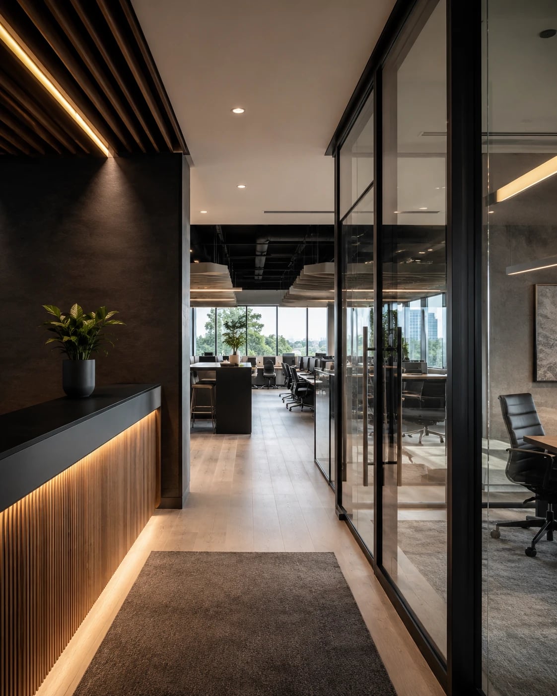 Renovated office reception with a backlit wood-slat wall opening to a glass-walled workspace.