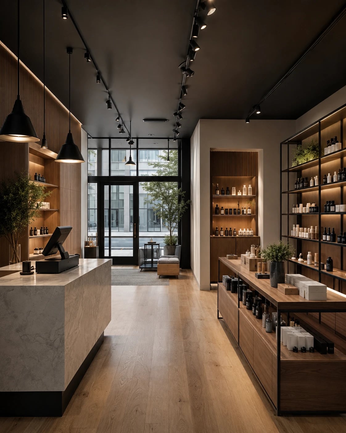 Contemporary boutique interior with wood shelving, a stone checkout counter and track lighting.