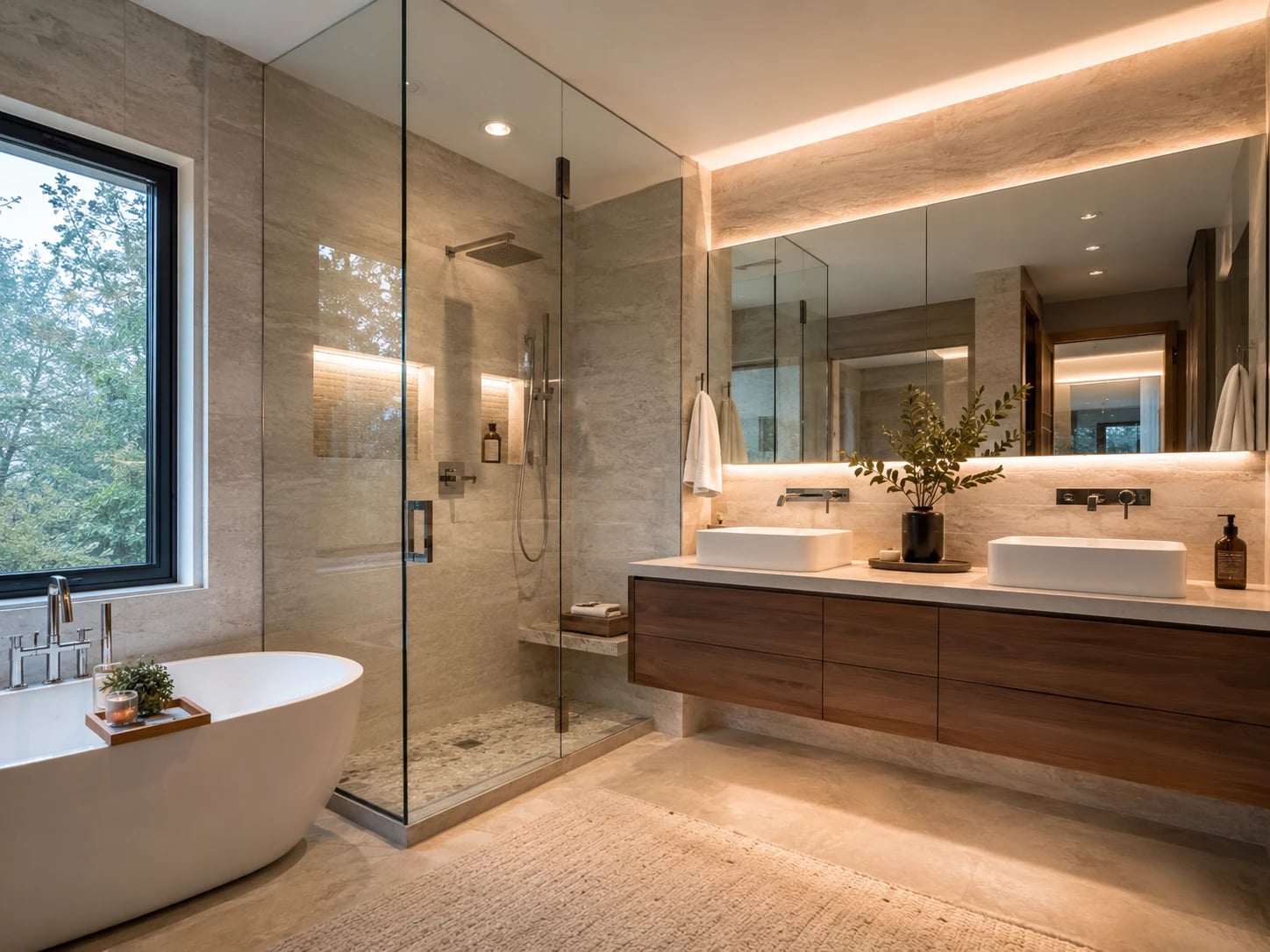 Modern residential bathroom with glass shower, freestanding tub and floating double vanity.