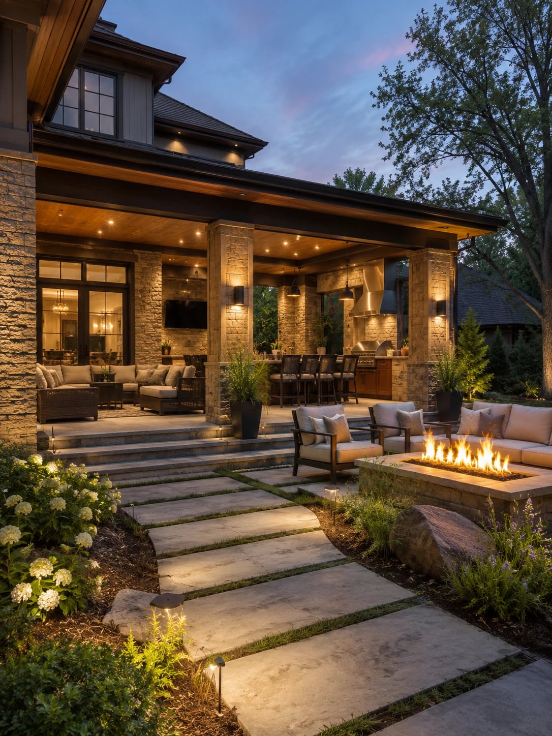 Covered stone patio at dusk with an outdoor kitchen, seating and a built-in fire pit.