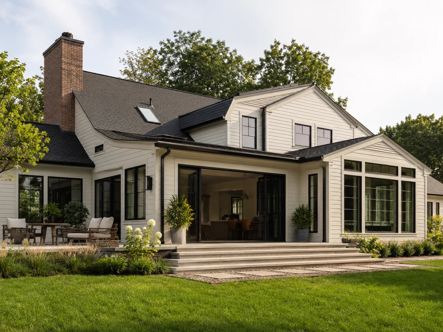 Expanded white residence with a rear addition, patio and large black-framed windows.