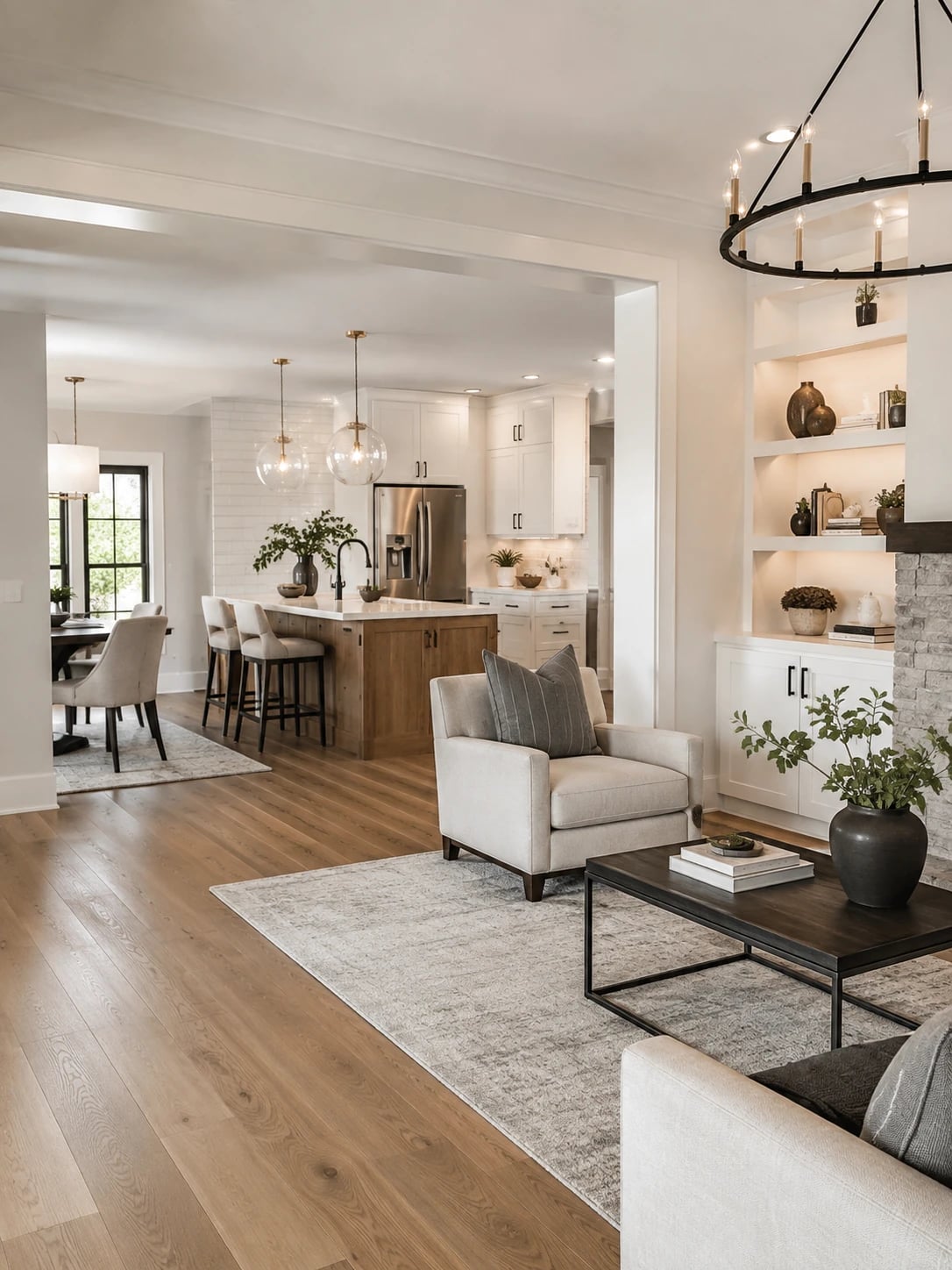 Opened kitchen and living area with a widened wall opening, built-in shelving and a wood-toned island.