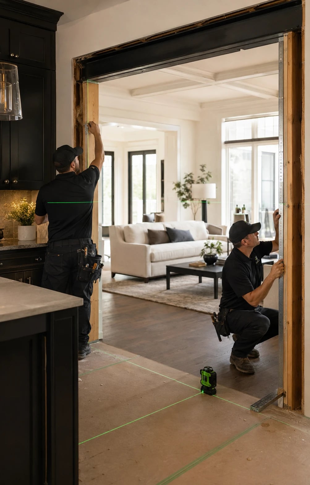Crew framing a widened structural opening between a kitchen and living room, measuring the new header with a laser level.