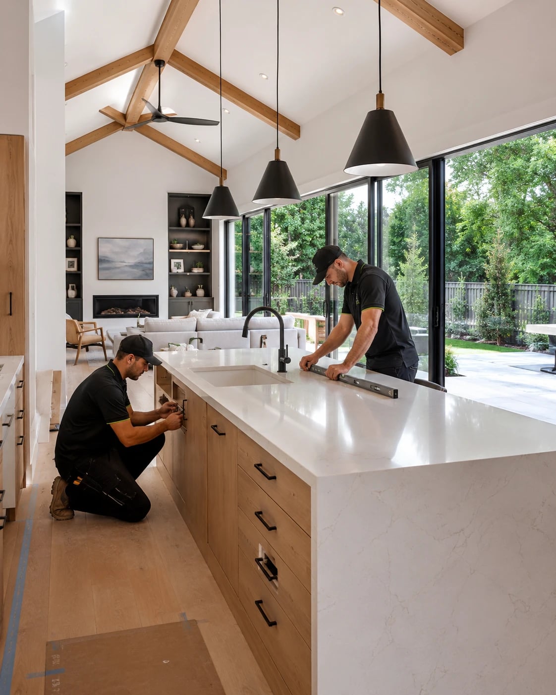 Crew leveling a kitchen island countertop under a vaulted, beamed ceiling that opens to the living room and garden.