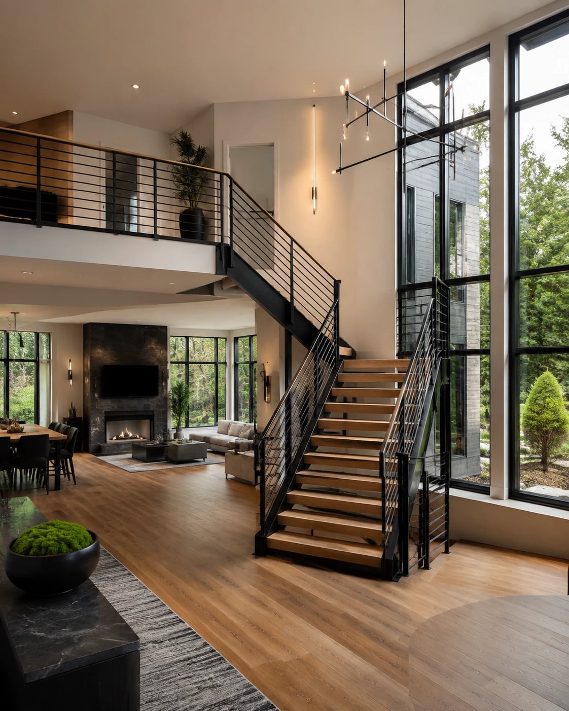 Double-height great room with a floating oak-and-steel staircase, second-floor catwalk and fireplace.