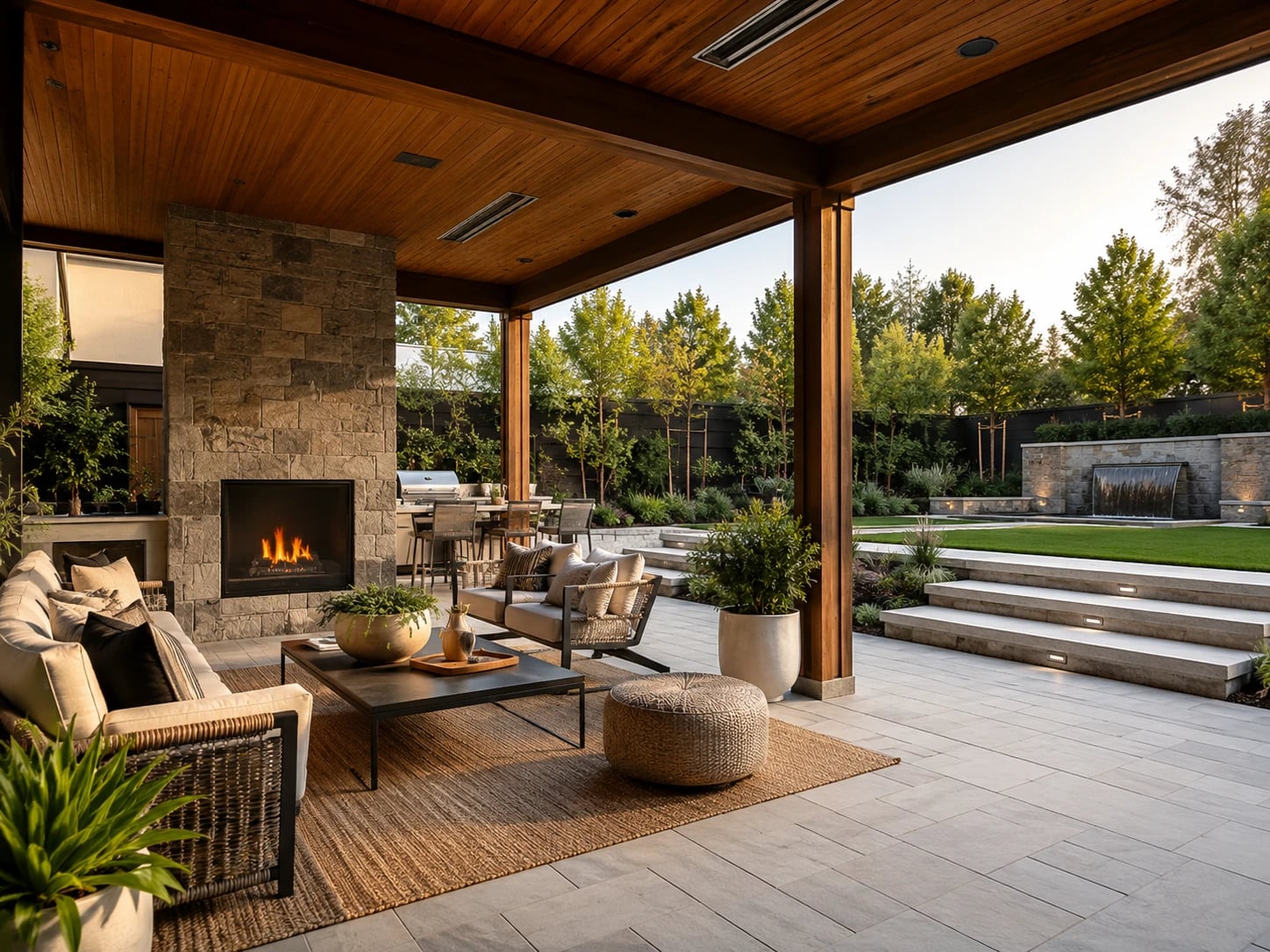 Covered outdoor living area with stone fireplace, seating and landscaped backyard.