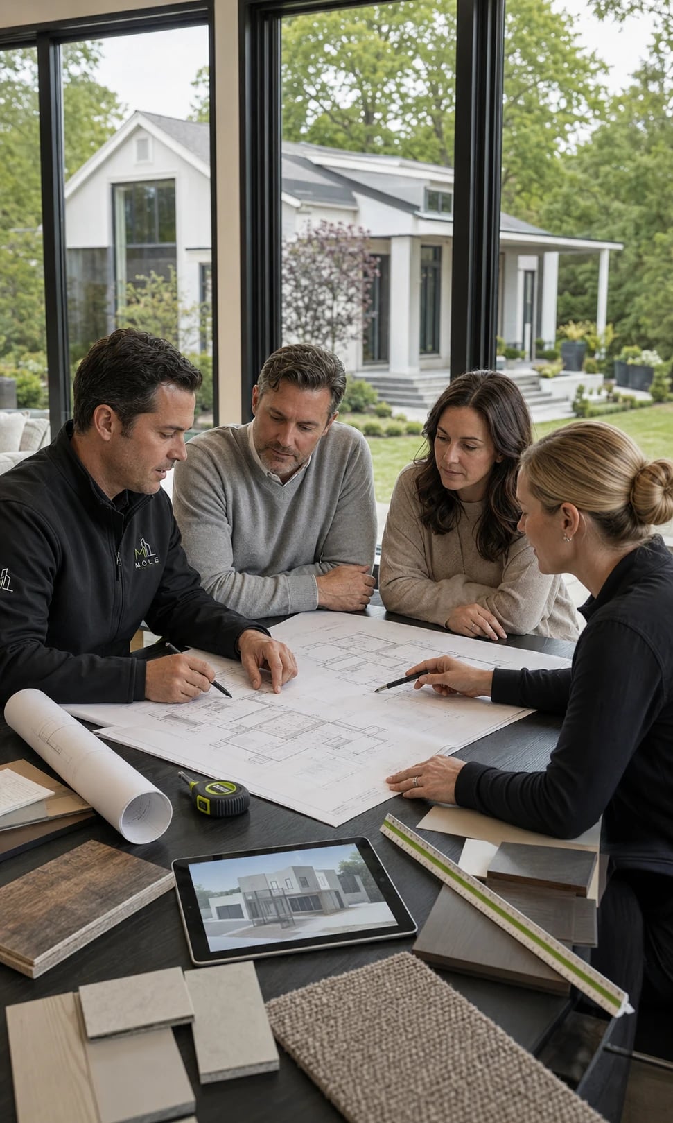 Team reviewing floor plans, material samples and a 3D rendering on a tablet with homeowners at a table.