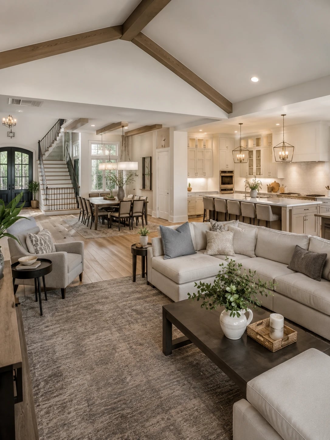 Open-concept great room with vaulted wood-beam ceiling, kitchen island and adjoining dining and living areas.