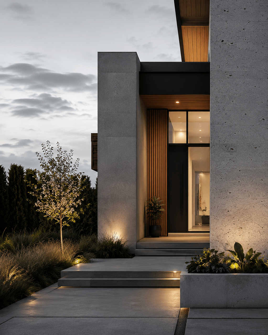 Contemporary residential exterior with a concrete and wood facade, photographed at dusk.