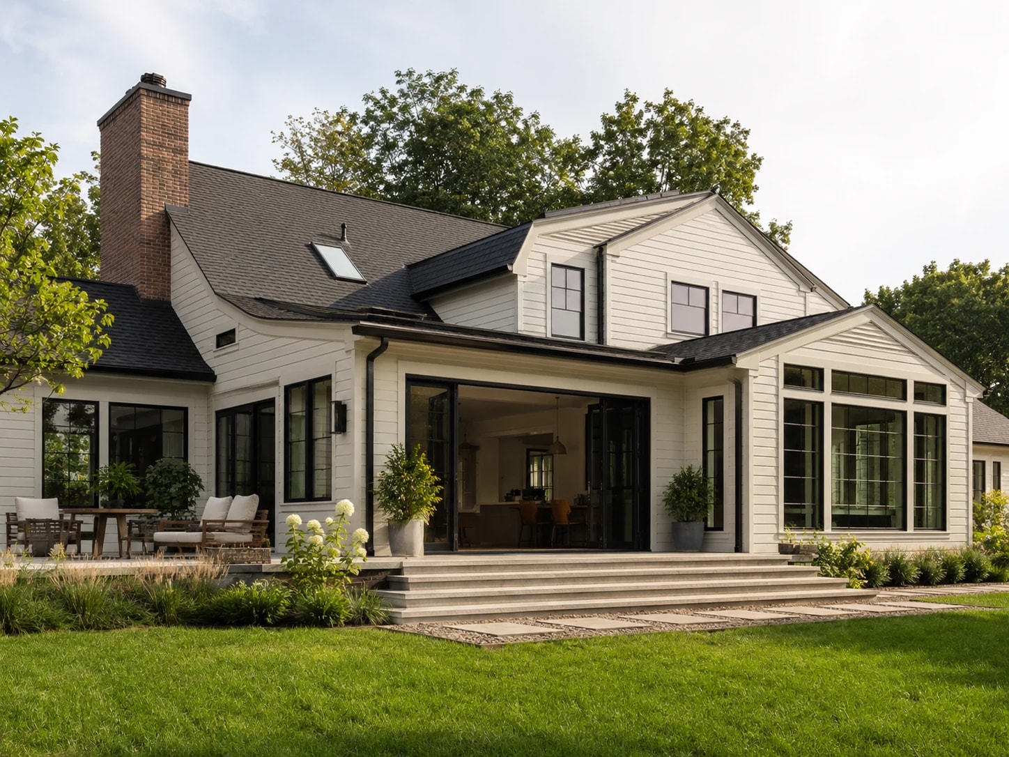 Expanded white residence with a rear addition, patio and large black-framed windows.