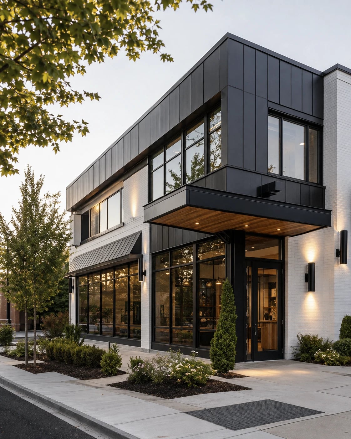 Renovated commercial storefront with black metal cladding, white brick and illuminated entrance at dusk.
