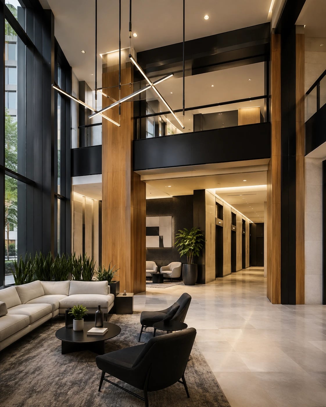 Double-height building lobby with a seating lounge, elevator bank and floor-to-ceiling glazing.