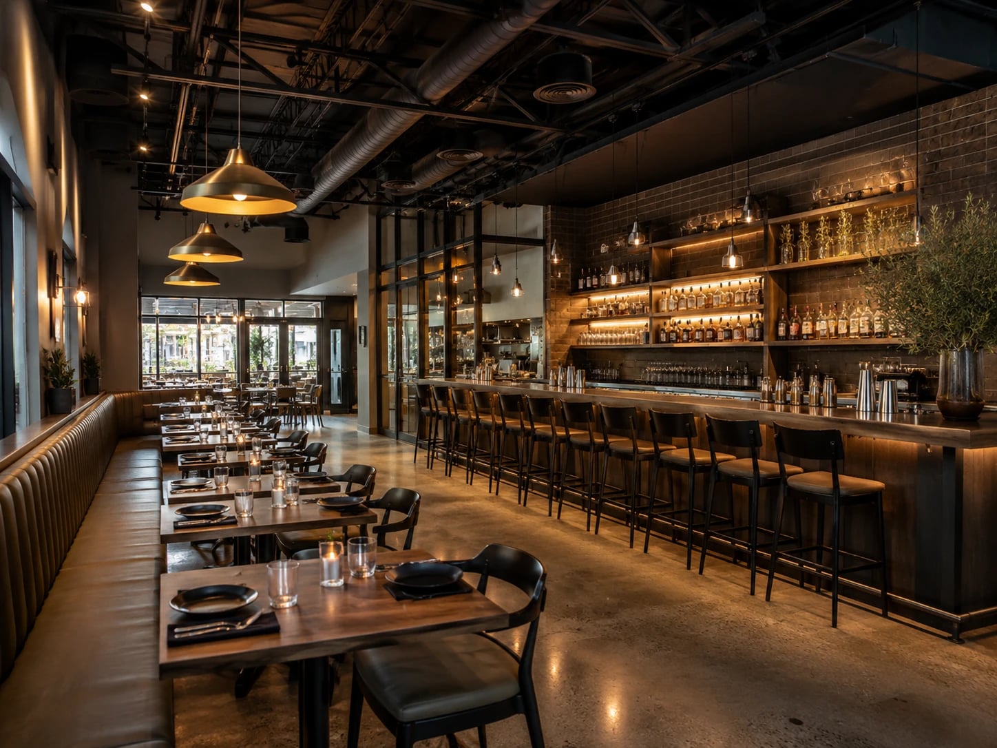 Contemporary restaurant build-out with long bar, dining area and warm industrial lighting.