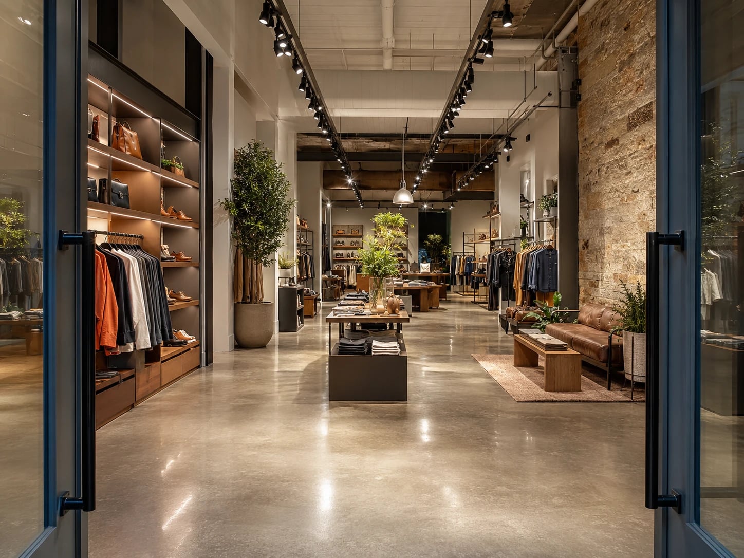Modern retail boutique with custom displays, polished concrete floors and track lighting.
