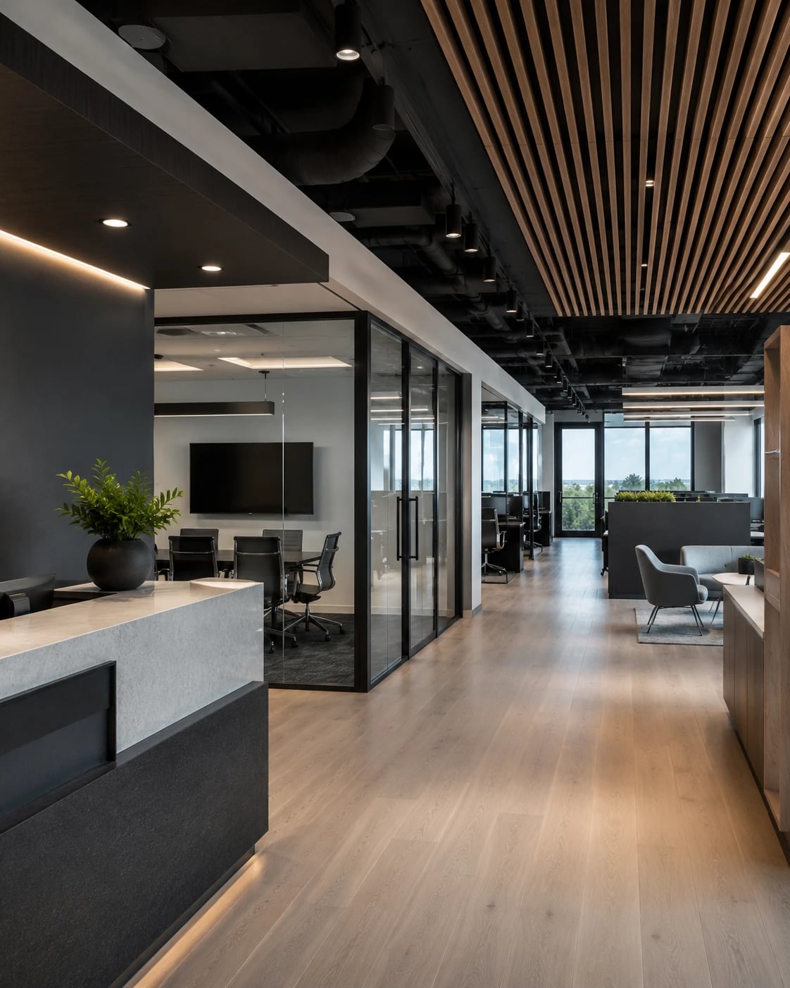 Renovated tenant office suite with a reception desk, wood-slat ceiling and glass-walled conference room.