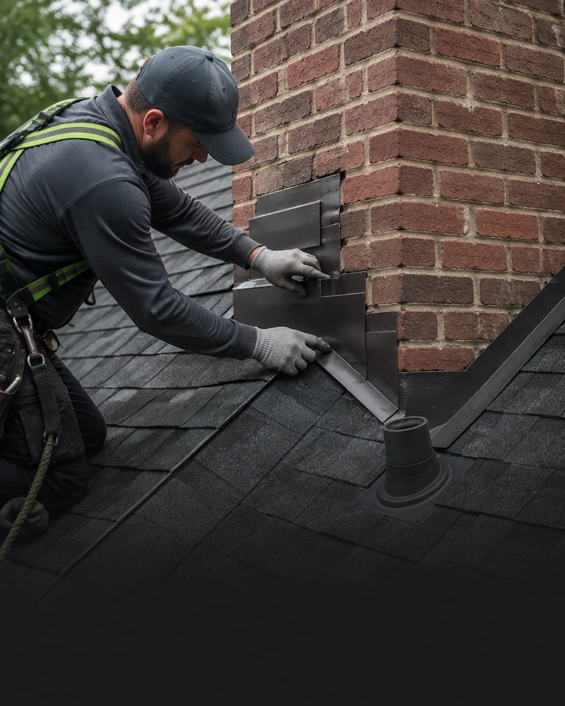Roofer installing metal flashing around a brick chimney penetration.
