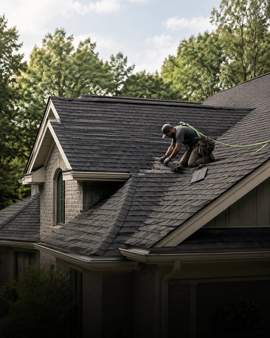 Roofer kneeling on a shingle roof making a targeted repair, safety harness attached.