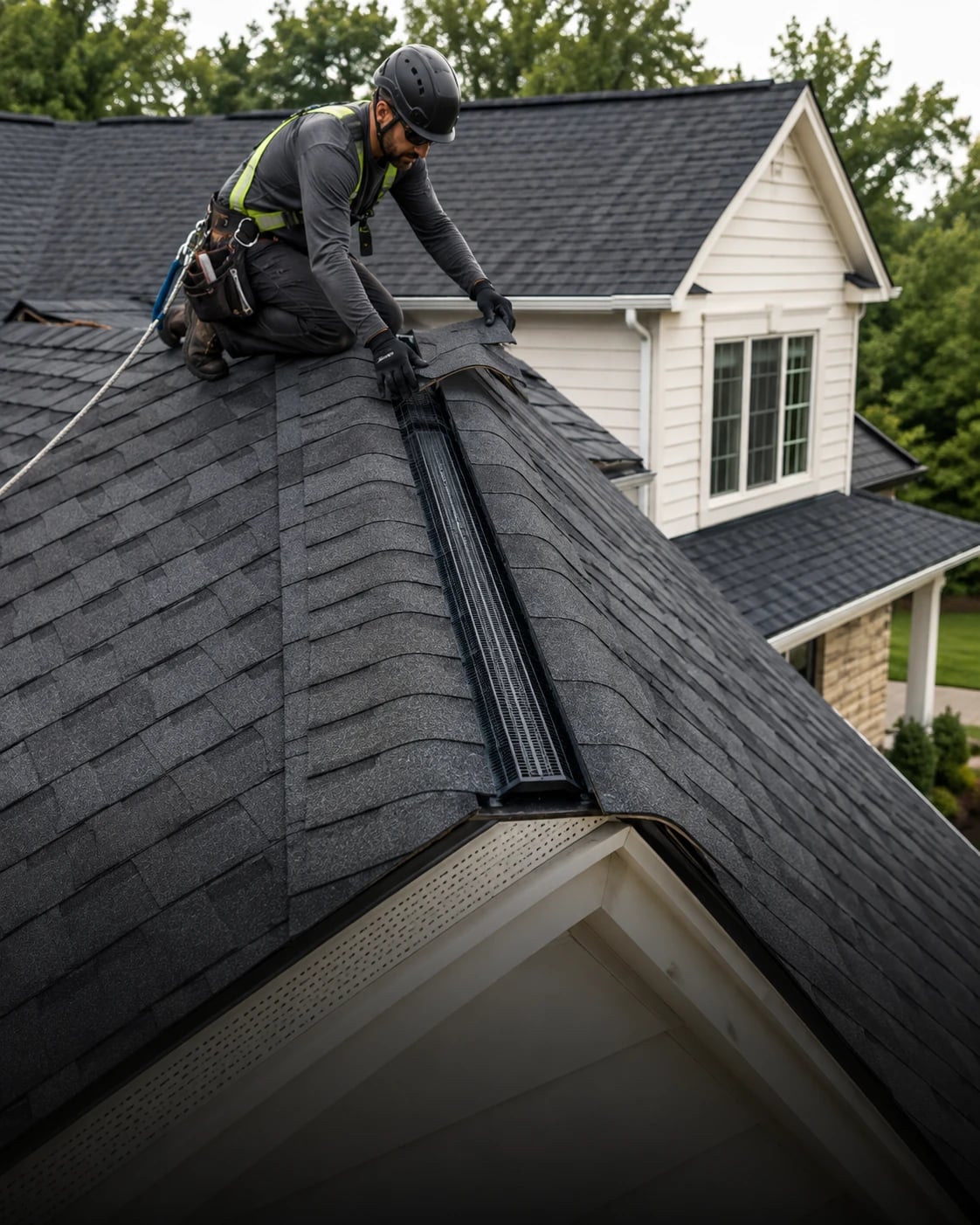 Roofer installing a ridge ventilation channel along the roofline of a home.
